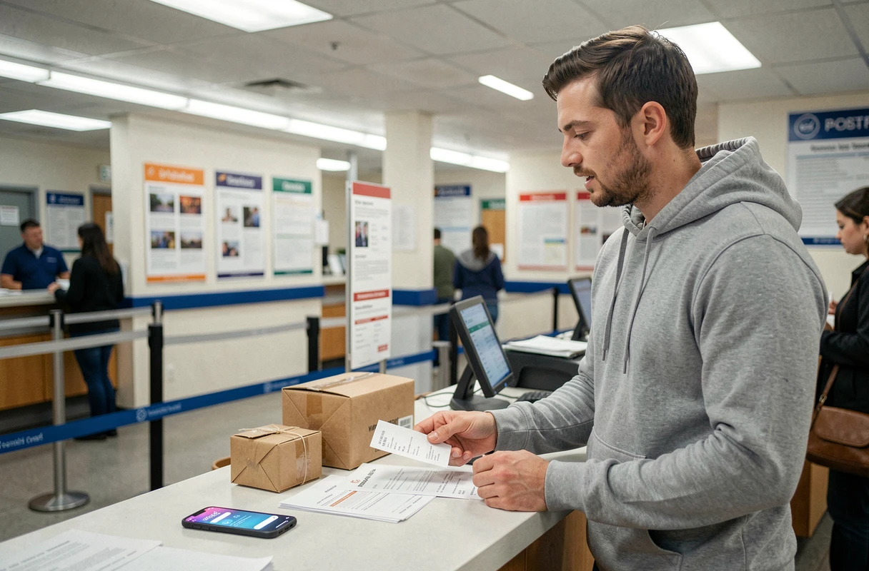 Homme au bureau de poste réclamant un remboursement pour un colis non récupéré acheté sur Vinted