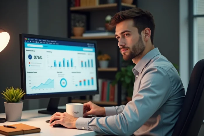 Responsable commercial analysant un tableau de bord CRM avec indicateurs de conversion de leads sur double écran