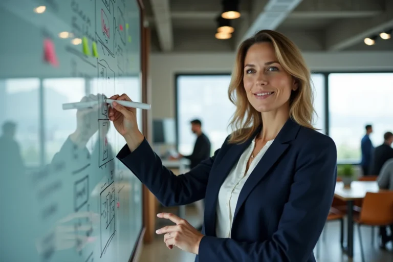 Responsable commerciale présentant un pipeline de vente devant un tableau blanc dans un bureau moderne
