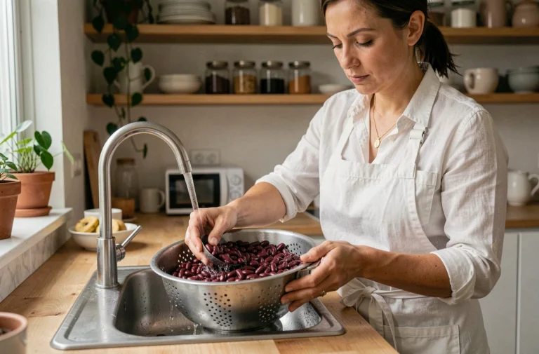 Femme rinçant des haricots rouges dans une passoire pour réduire les lectines avant la cuisson