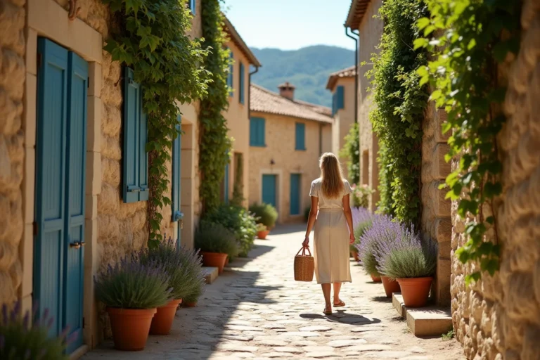 Ruelle pittoresque en pierre de taille à Robion, village provençal avec volets bleus et pots de lavande