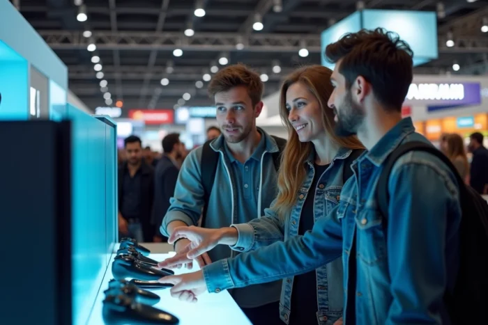 Groupe de visiteurs découvrant une nouvelle console de jeux vidéo dans un stand d'exposition lors d'un salon gaming