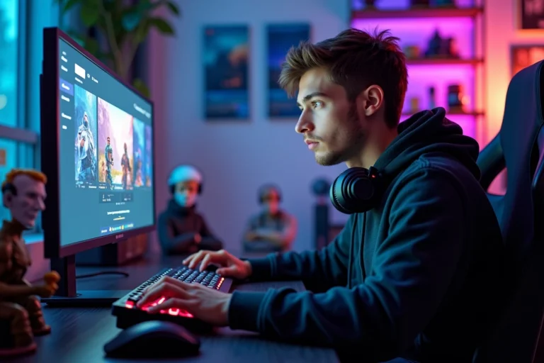 Jeune homme gamer assis devant un setup PC ultrawide avec clavier mécanique et figurines de collection dans une chambre gaming