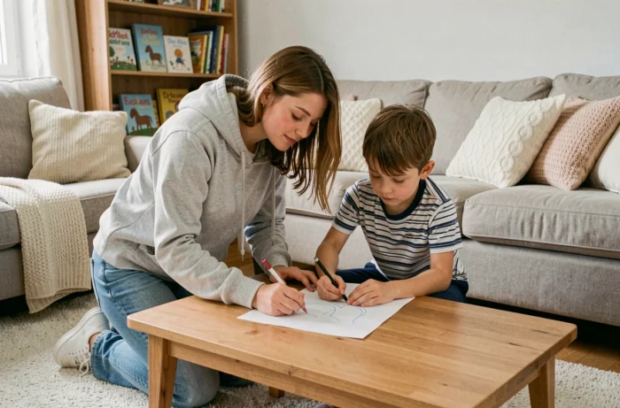 Une jeune femme aidant un enfant à dessiner dans un salon familial, représentant l'accompagnement éducatif et le soutien aux familles au quotidien