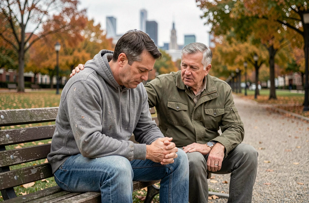 Un père en difficulté reçoit le soutien discret d'un travailleur social dans un parc urbain en automne