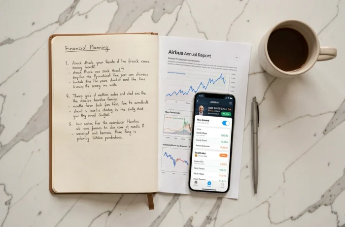 Vue de dessus d'un bureau avec un carnet de stratégie financière, un rapport annuel d'Airbus et un smartphone affichant un portefeuille boursier