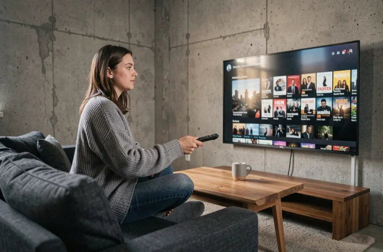 Jeune femme regardant un service de streaming gratuit de films et séries sur sa télévision dans un salon moderne