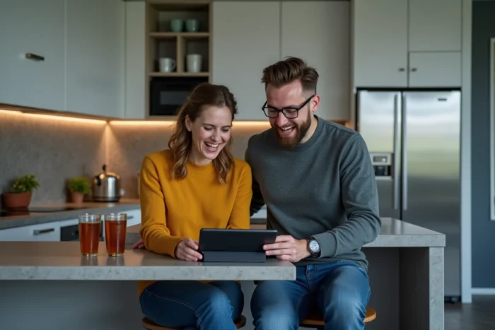 Deux amis regardant un match en streaming sur tablette dans une cuisine moderne