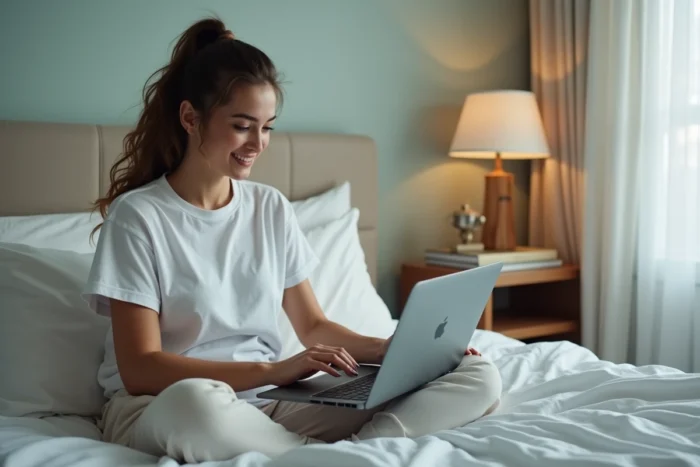 Femme regardant le streaming RMC Sport sur ordinateur portable dans une chambre cosy