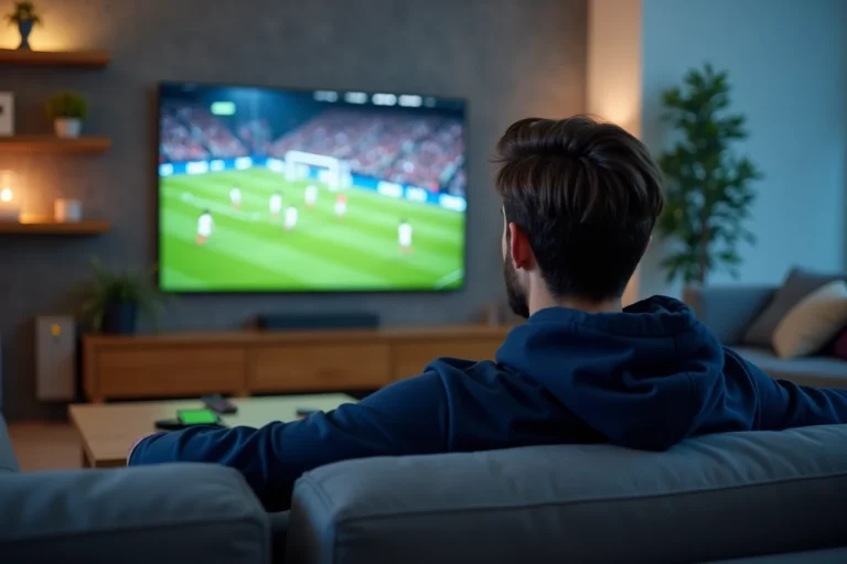 Homme regardant un match de sport en streaming sur grand écran dans un salon moderne