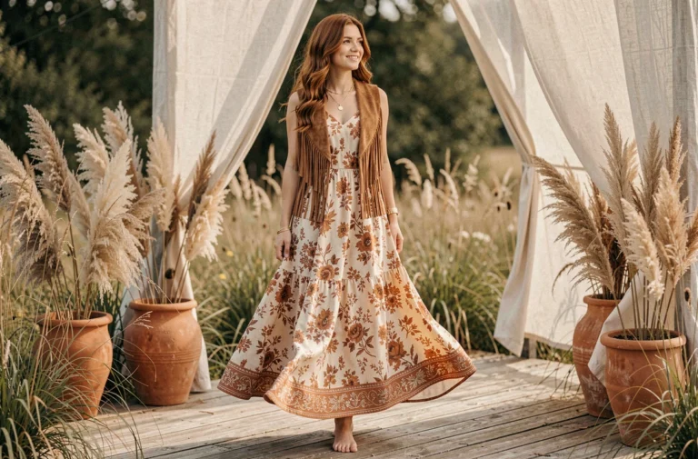 Femme en robe maxi bohème terracotta et gilet à franges sur une terrasse en bois entourée d'herbes sauvages et de pampa séchée