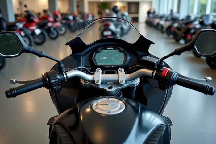 Tableau de bord numérique TFT et cockpit premium du Yamaha TMAX 750 dans une concession moto moderne, détail des commandes aluminium et de l'instrumentation