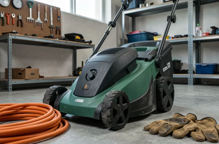 Gros plan sur les détails techniques et ergonomiques de la tondeuse Teccpo TDLM01G posée dans un garage
