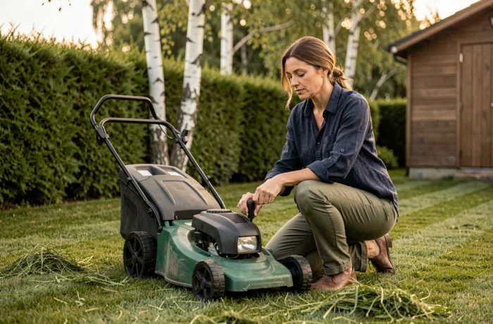 Femme réglant la hauteur de coupe de la tondeuse électrique Teccpo TDLM01G dans un jardin soigné
