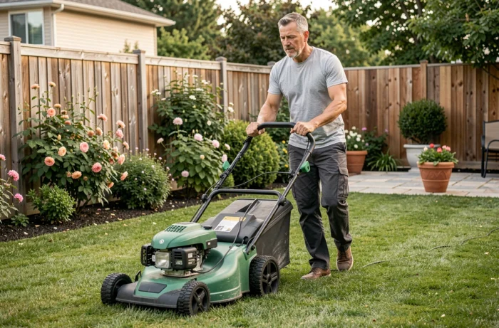 Homme utilisant la tondeuse électrique Teccpo TDLM01G dans un jardin résidentiel bien entretenu