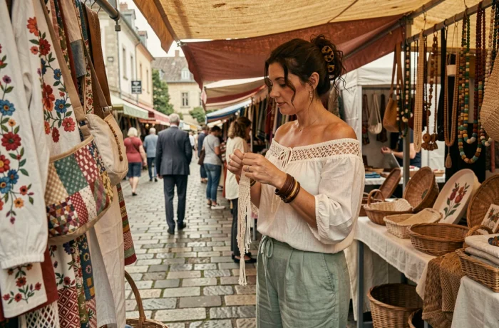 Femme en tenue bohème lin et crochet explorant un marché vintage artisanal avec des pièces brodées et des sacs en macramé