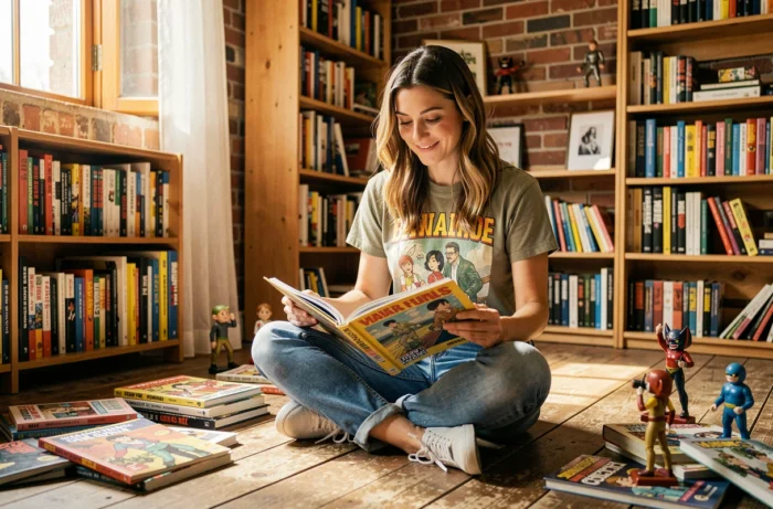 Jeune femme passionnée de culture geek lisant une bande dessinée entourée de figurines et de mangas dans une bibliothèque cosy