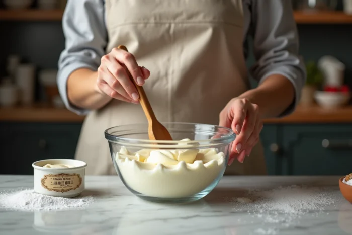 Femme en tablier de lin incorporant du mascarpone dans un bol en verre avec de la crème fraîche posée à côté sur un plan de travail en marbre