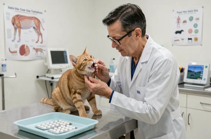Vétérinaire montrant comment administrer un médicament oral à un chat roux sur une table d'examen en clinique vétérinaire