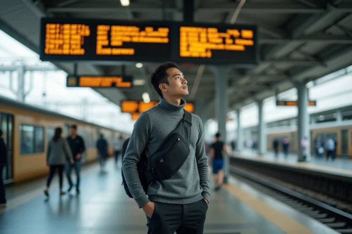 Un voyageur solo masculin consulte le tableau des départs dans une gare animée d'Asie du Sud-Est, sac anti-vol en bandoulière, expression sereine et assurée