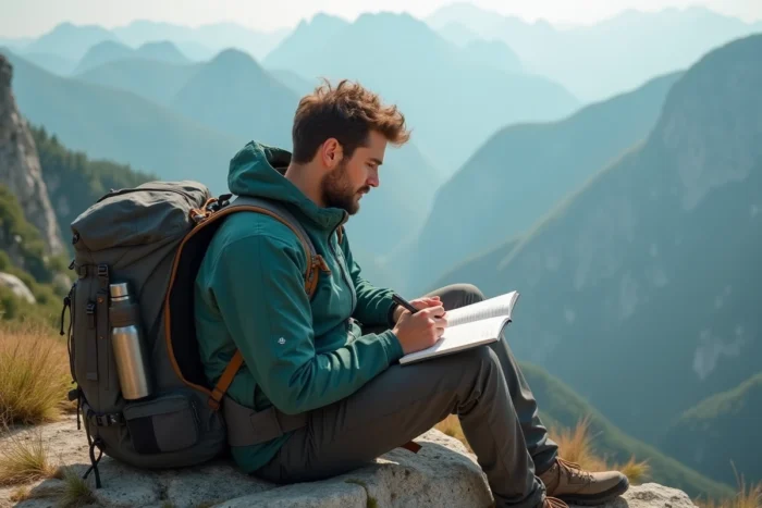 Un voyageur solo assis sur un promontoire rocheux en montagne écrit dans son journal de voyage, évoquant la sérénité et la liberté du voyage en solo en pleine nature