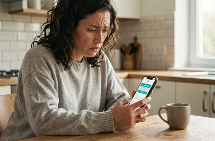 Femme consultant une réclamation de dommages Airbnb sur son smartphone dans une cuisine moderne