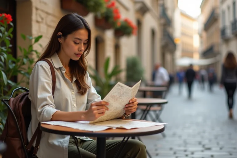 Une voyageuse solo trentenaire consulte une carte papier à la terrasse d'un café européen avec son sac à dos, symbole de voyage serein et en toute sécurité