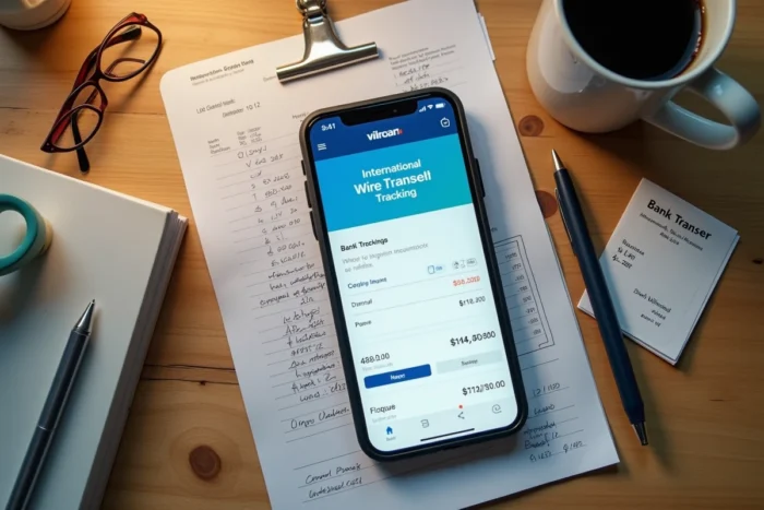 Vue aérienne d'un bureau avec smartphone affichant un statut de suivi de virement et documents bancaires