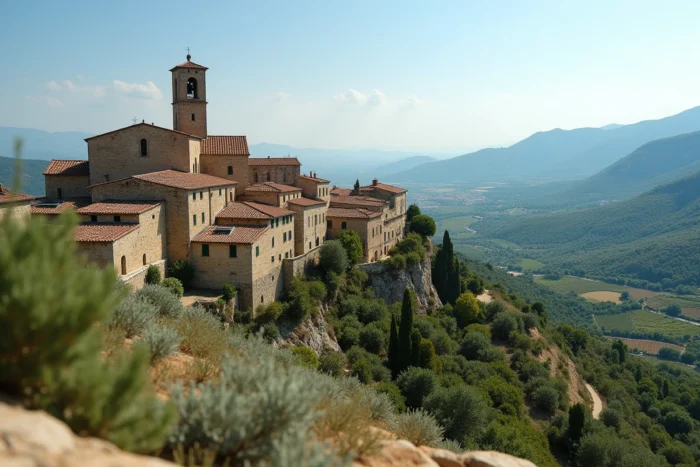 Vue panoramique du village perché de Robion dominant les vignes et oliveraies du Luberon en Provence