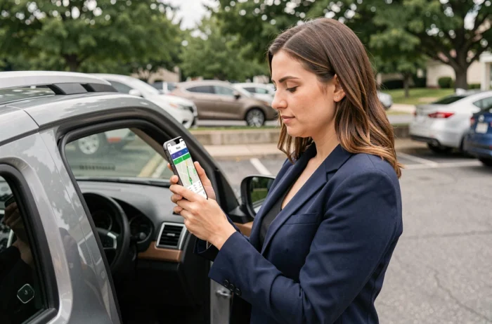 Femme consultant l'application Waze sur smartphone avant de partir en voiture