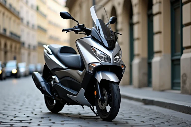 Yamaha TMAX 750 garé dans une rue parisienne pavée, vue 3/4 avant mettant en valeur la carrosserie premium et la finition métallisée