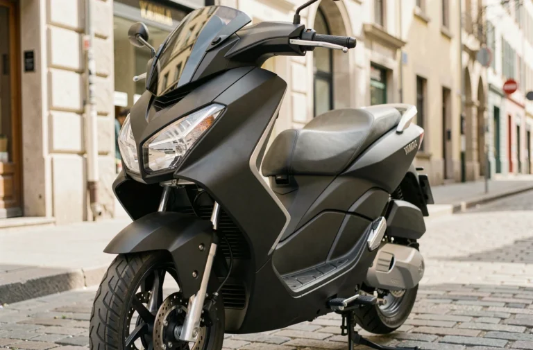 Yamaha Xmax 125 garé en ville après rodage, vue trois quarts avant sur route pavée urbaine